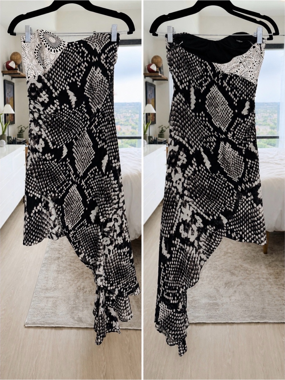 Bebe Asymmetrical Strapless Snake Print Dress 🖤